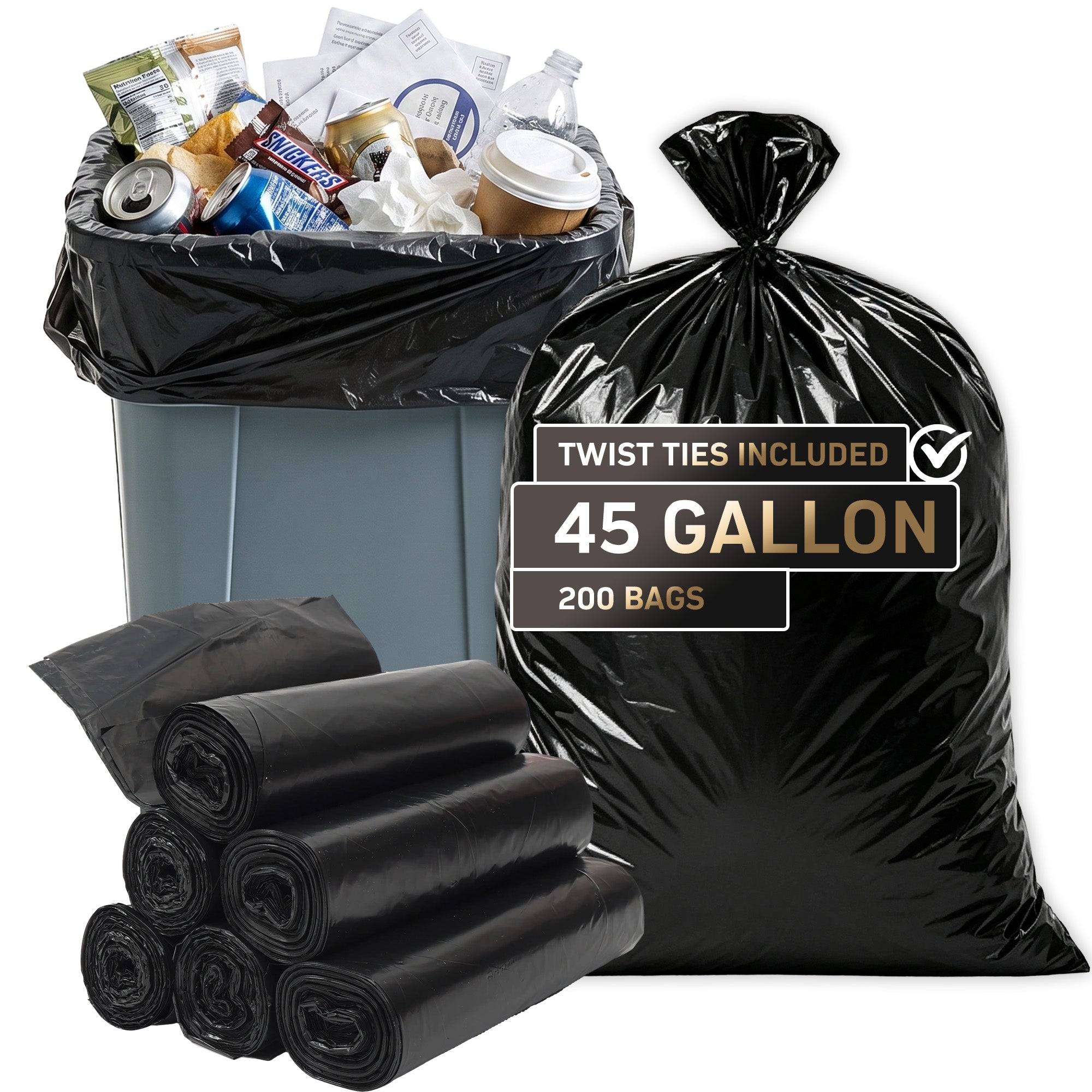 45 Gallon Extra Thick Heavy-Duty Black Trash Bags with Tie Straps, Industrial & Commercial, 200 Count