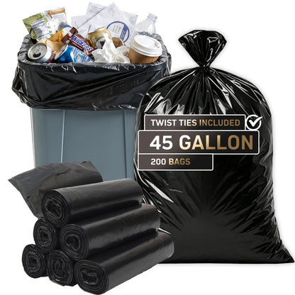 45 Gallon Extra Thick Heavy-Duty Black Trash Bags with Tie Straps, Industrial & Commercial, 200 Count