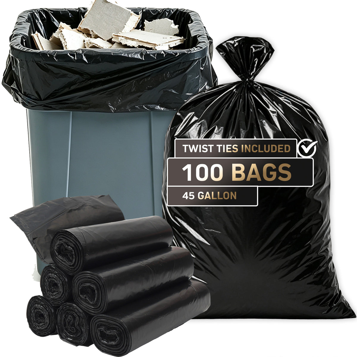 45 Gallon Extra Thick Heavy-Duty Black Trash Bags with Tie Straps, Industrial & Commercial, 100 Count