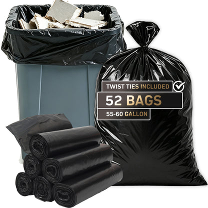 55-60 Gallon Extra Thick Heavy-Duty Black Trash Bags with Tie Straps, Industrial & Commercial, 52 Count