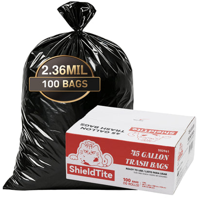 45 Gallon Extra Thick Heavy-Duty Black Trash Bags with Tie Straps, Industrial & Commercial, 100 Count