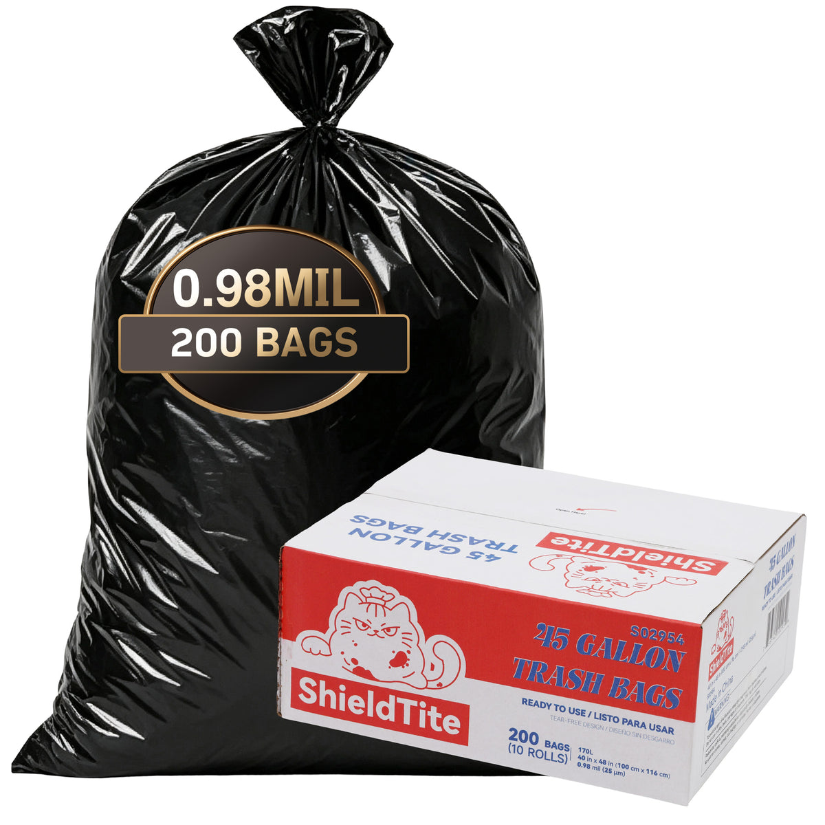 45 Gallon Extra Thick Heavy-Duty Black Trash Bags with Tie Straps, Industrial & Commercial, 200 Count