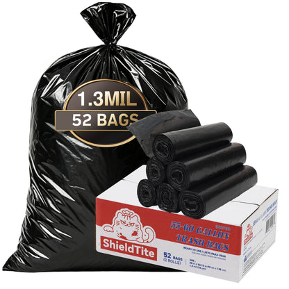 55-60 Gallon Extra Thick Heavy-Duty Black Trash Bags with Tie Straps, Industrial & Commercial, 52 Count