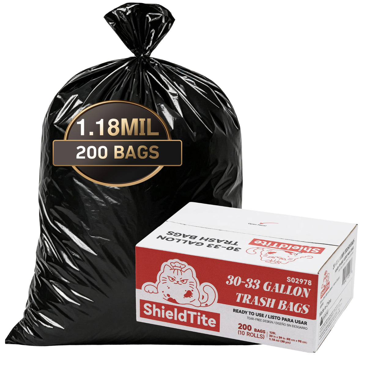 30-33 Gallon Extra Thick Heavy-Duty Black Trash Bags with Tie Straps, Industrial & Commercial, 200 bags